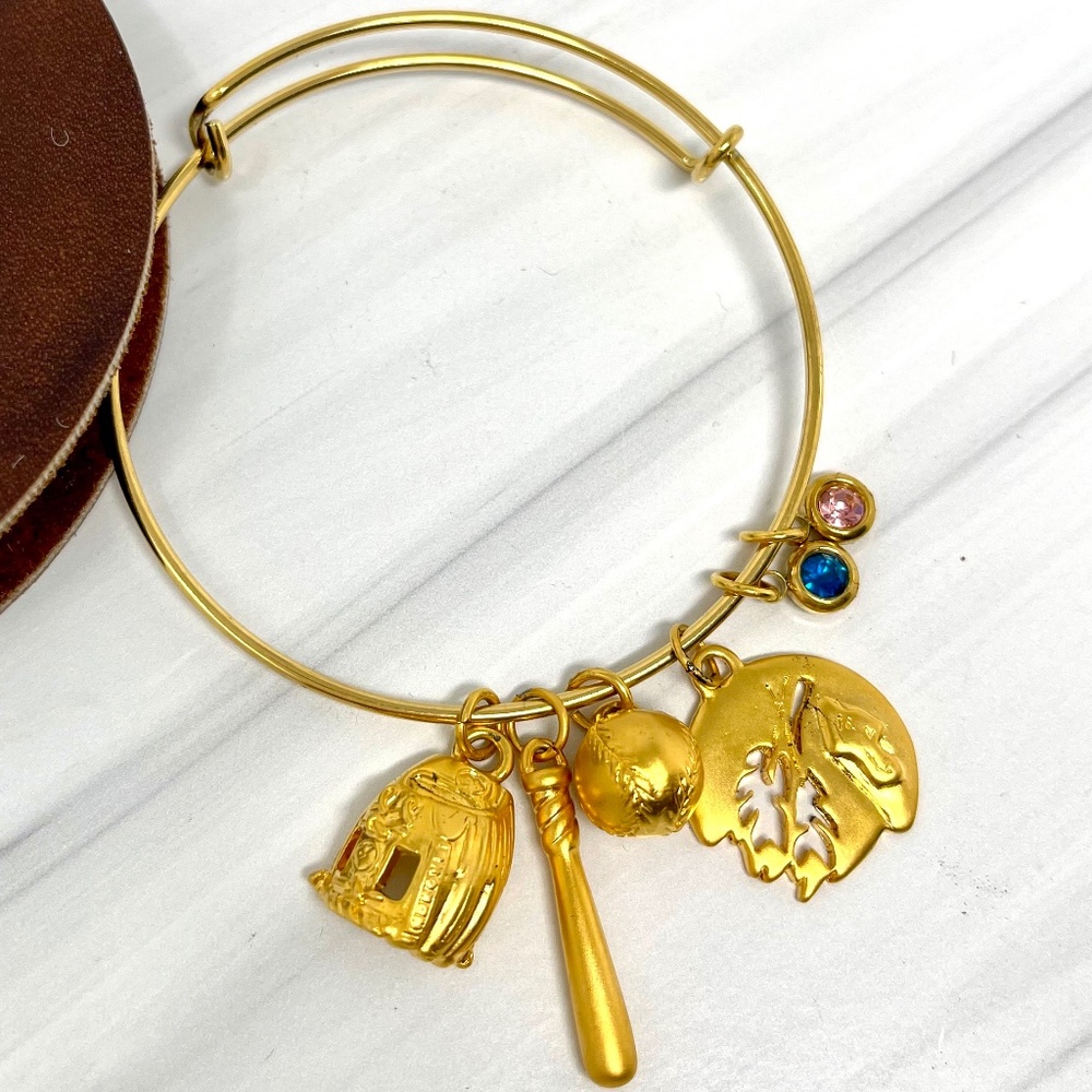 New In Box - Nokona Charm Bangle Bracelet - Teal & Pink Gems - 24K Charms